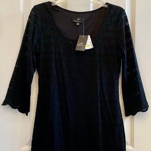 NWT RONNI NICOLE WOMENS BLACK EYELET DRESS  3/4 SLEEVE SCALLOPED HEM/SLEEVE SZ S